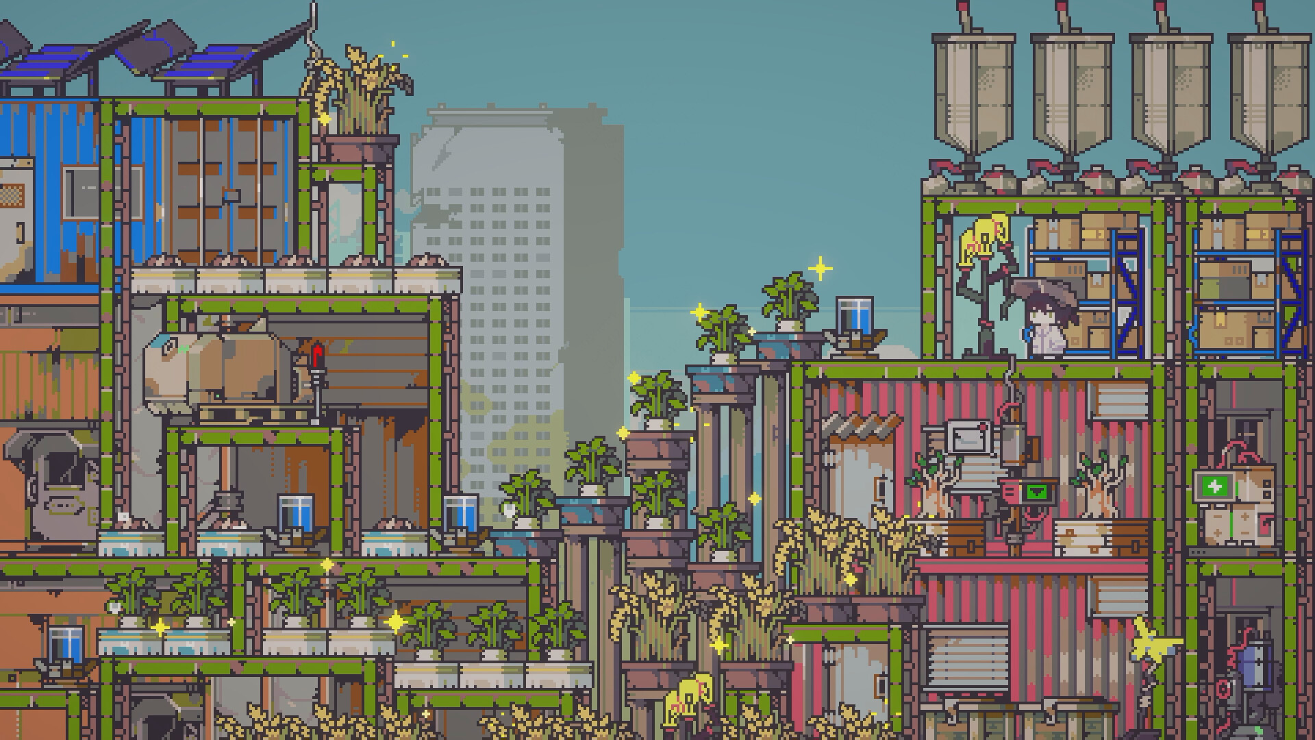 Official Doloc Town screenshot of a multi-level vertical farm with crops, storage and production rooms