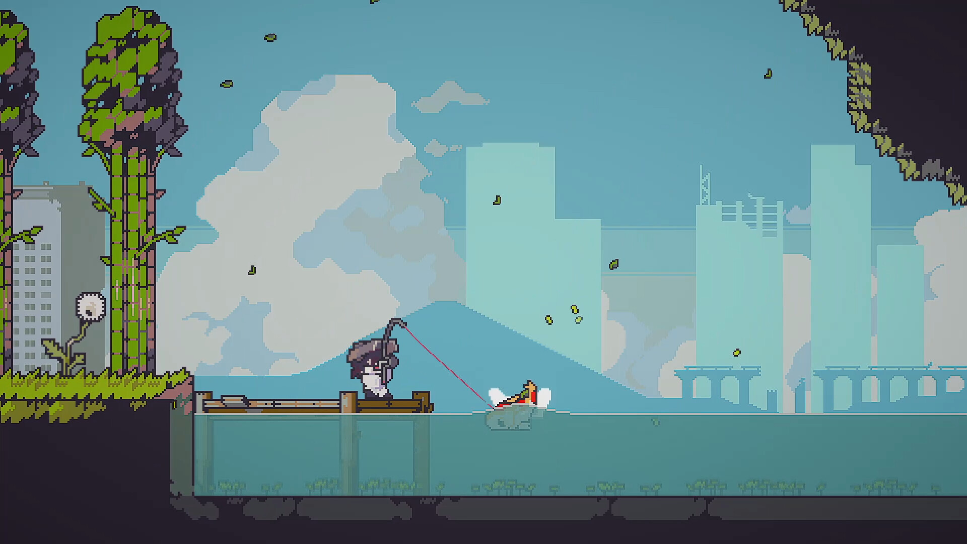 Official Doloc Town screenshot of the player fishing from a platform beside a ruined city
