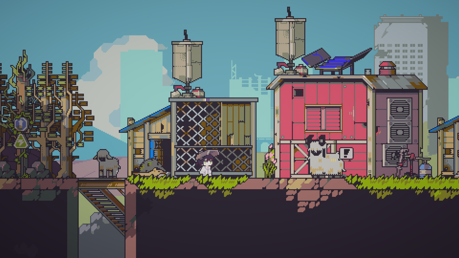 Official Doloc Town screenshot of the player beside a pink farm building and a large animal